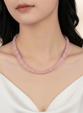 原创粉红色编织闪亮水晶项链颈链奢华晚礼服短款锁骨链毛衣链女