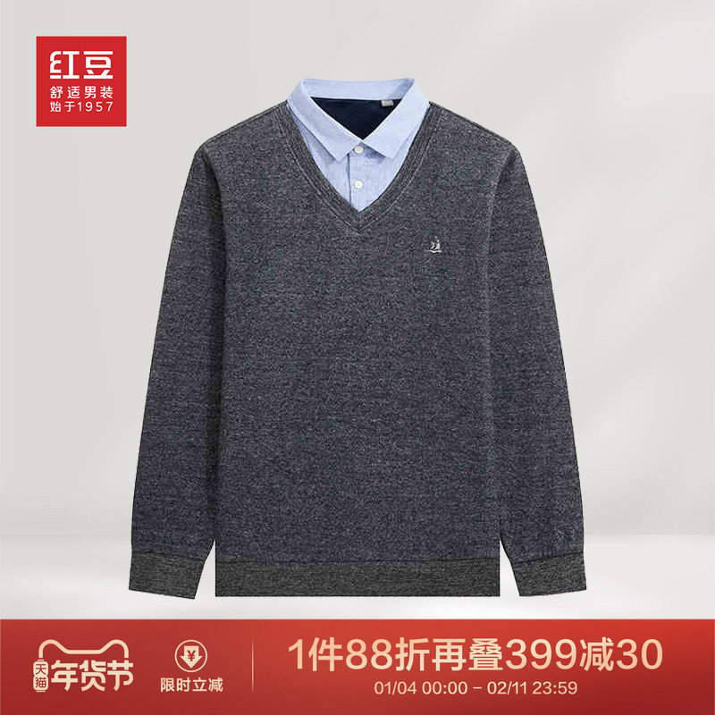 红豆假两件男加绒加厚毛衣中年爸爸休闲衬衫领保暖针织衫男士,男装,针织衫/毛衣,淘宝优惠券,粉丝福利购,淘宝优惠卷