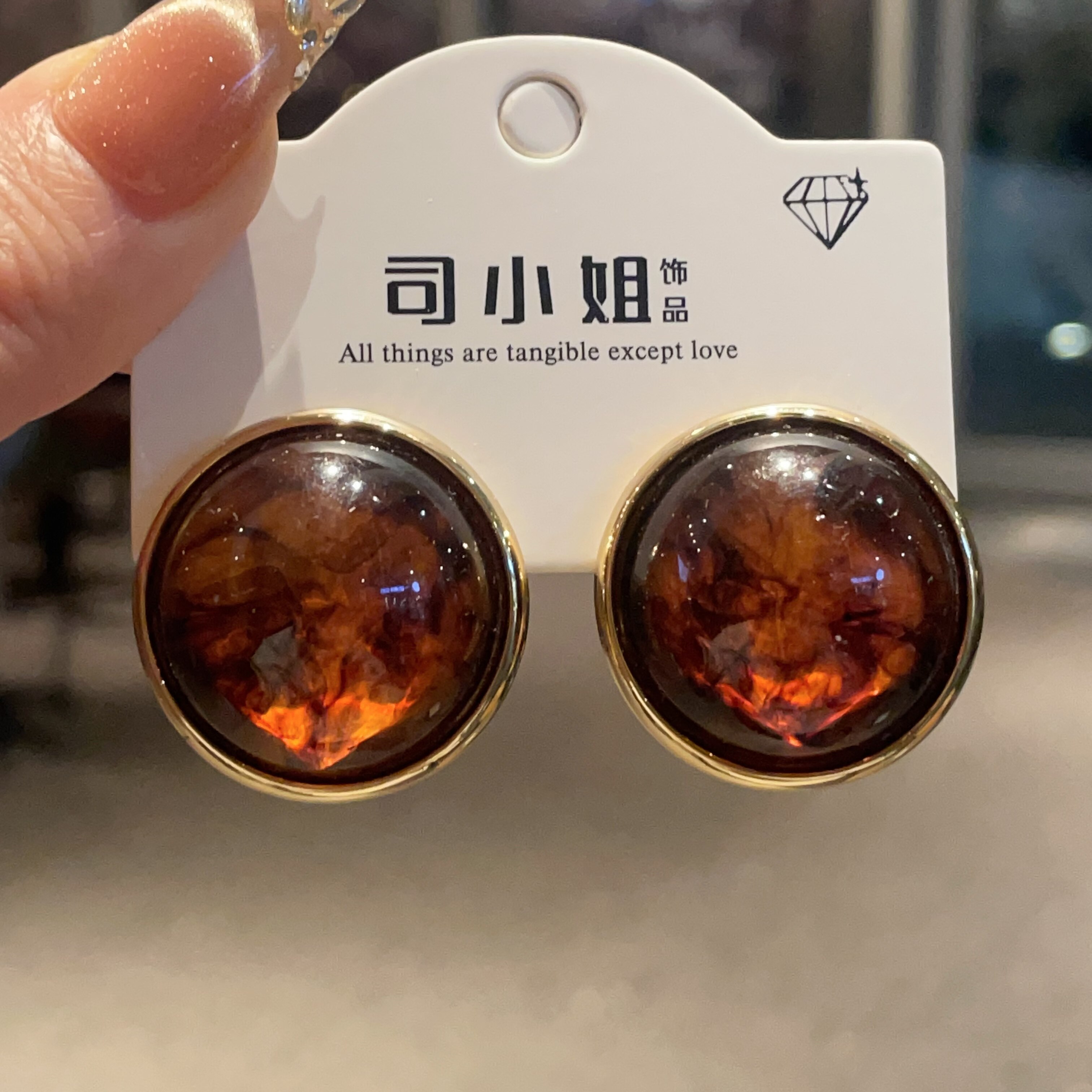 复古法式琥珀色圆形立体耳环女显白气质港风大耳钉925银针百搭