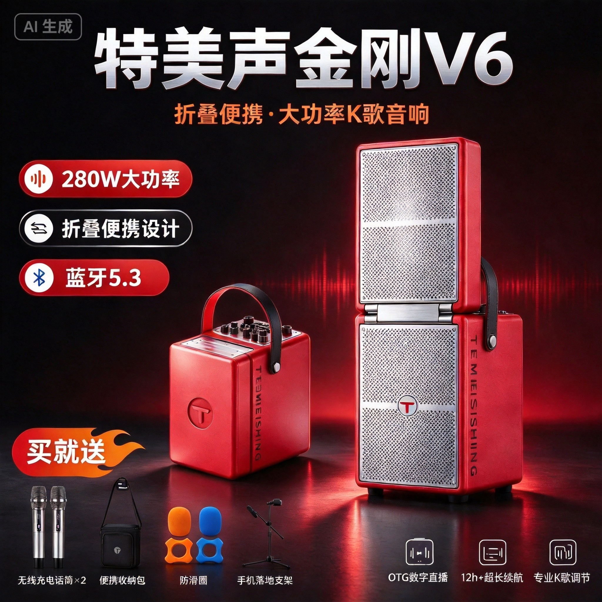 特美声V6 280w大功率折叠户外演绎音响 送大礼包体积小巧唱歌轻松