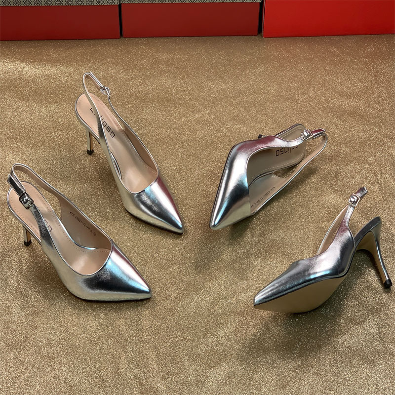 2025新款银色高跟鞋女气质尖头后空凉鞋时尚百搭单鞋外贸大码女鞋
