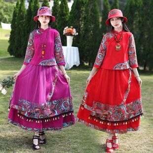 云南民族风套装半身裙两件套春秋新款民族服装棉麻复古风套装裙装