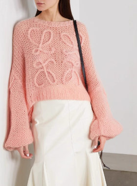 小红书同款大LOGO马海毛粗棒针纯手织麻花毛衣女sweater灯笼袖