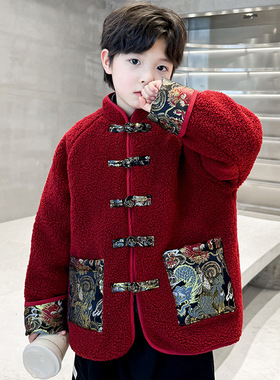 男童冬季拜年服2026大童国潮风加厚唐装汉服儿童过年红色喜庆衣服