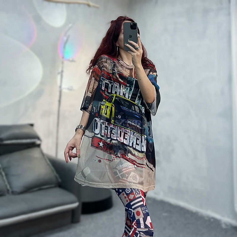 欧美网纱短袖t恤弹力上衣罩衫女t