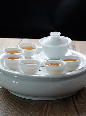 白瓷整套功夫茶具配圆形茶盘