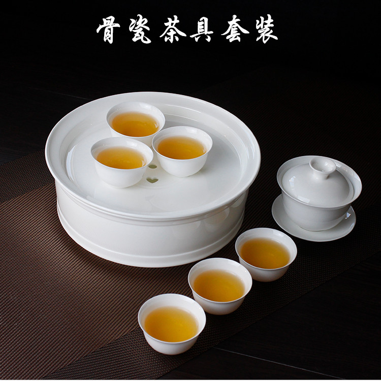 潮汕功夫茶具茶盘中号套装骨瓷超薄茶盘盖碗茶杯整套茶具纯白家用
