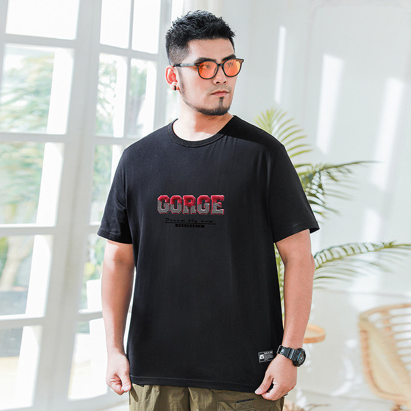大码潮牌男装加肥加大码美式休闲风纯棉短袖渐变字母圆领印花T恤