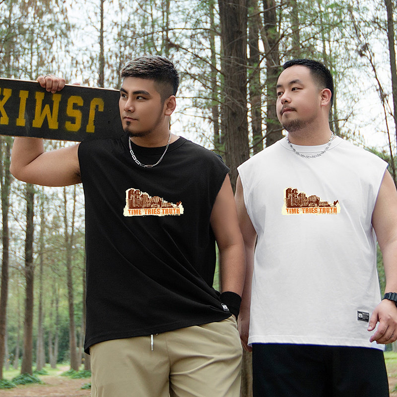 大码潮牌男装潮胖子宽松版美式复古纯棉夏季城市风貌无袖坎肩背心