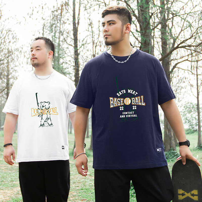 大码潮牌男装潮胖子宽松街头运动风棒球字母趣味卡通印花短袖T恤