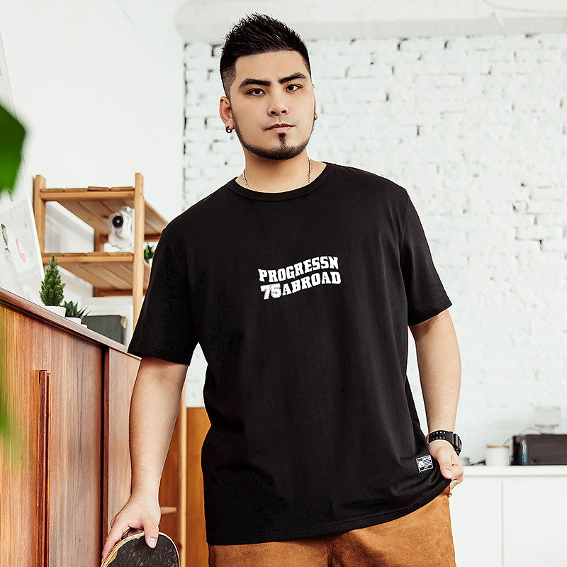 大码潮牌男装潮胖子加大街头休闲风简约圆领字母数字印花短袖T恤