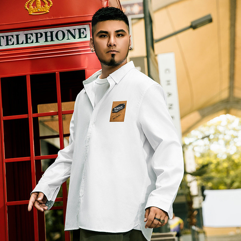 大码潮牌男装宽松加肥加大码字母章美式休闲复古撞色绣章长袖衬衫