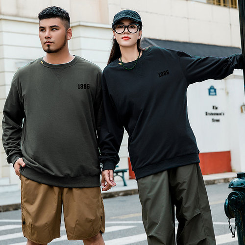 潮牌大码男装加肥加大码街头休闲风宽松潮胖数字印花圆领套头卫衣