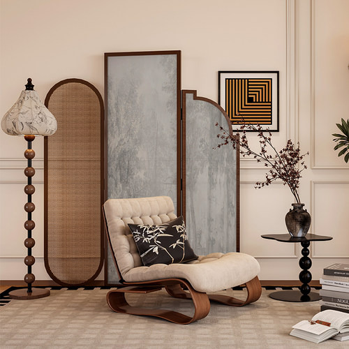 法式中古侘寂风遮挡实木屏风隔断墙装饰客厅玄关背景藤编移动折屏