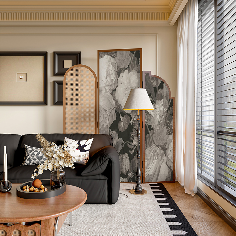 法式中古侘寂风实木藤编屏风隔断墙装饰客厅玄关小众花卉移动折屏