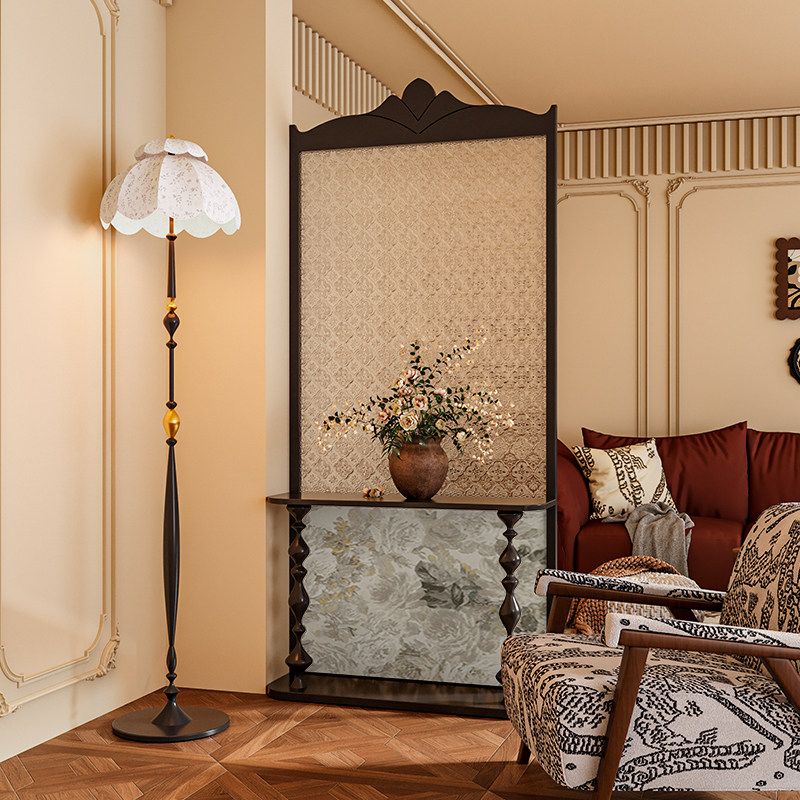 法式混搭风海棠玻璃实木屏风隔断墙装饰客厅背景定制置物移动座屏
