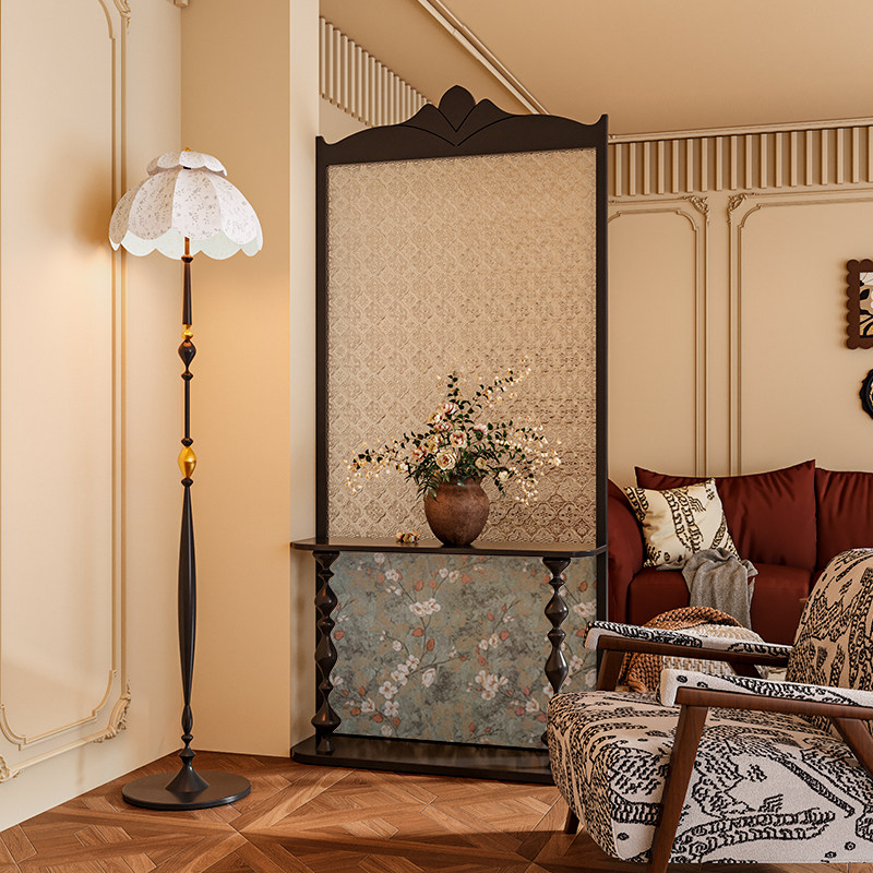 美式法式中古混搭风海棠玻璃实木屏风隔断墙客厅玄关移动置物座屏