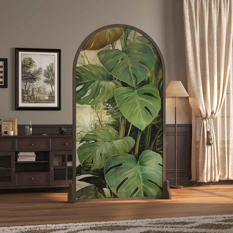 美式法式实木屏风隔断装饰客厅玄关艺术治愈系龟背竹抽象移动座屏