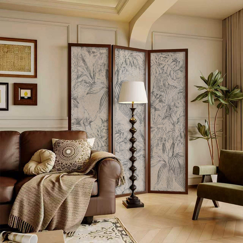 法式美式侘寂风抽象复古雨林实木屏风隔断墙装饰客厅玄关移动折屏