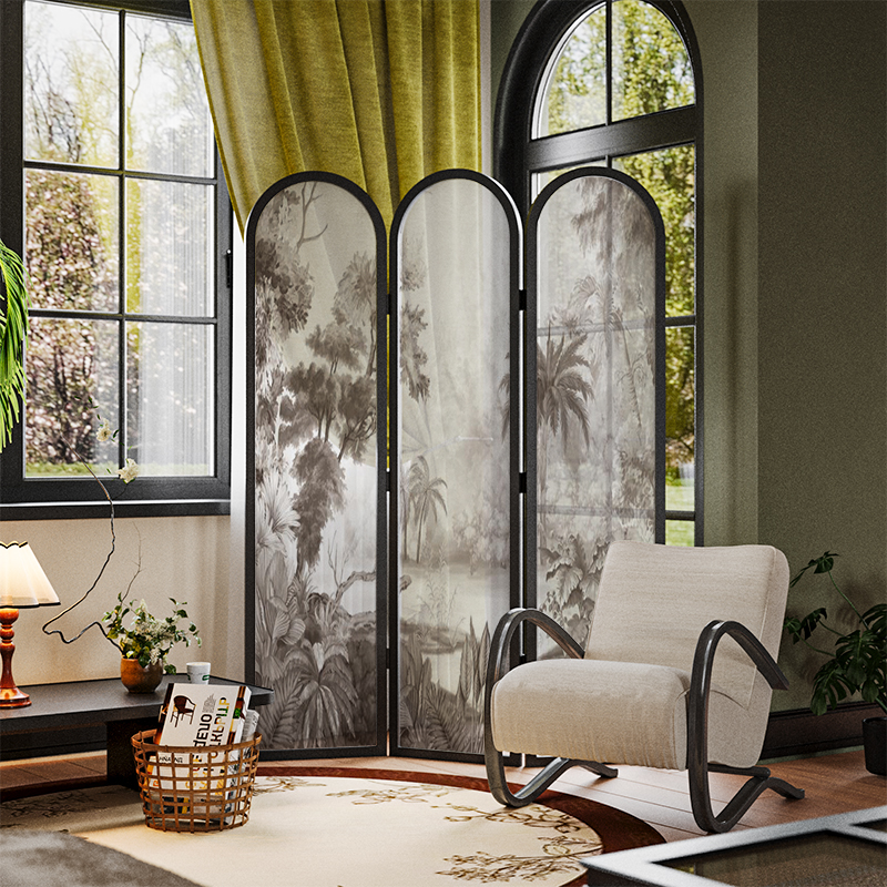 美式简约混搭风实木屏风隔断墙装饰客厅玄关抽象复古雨林移动折屏