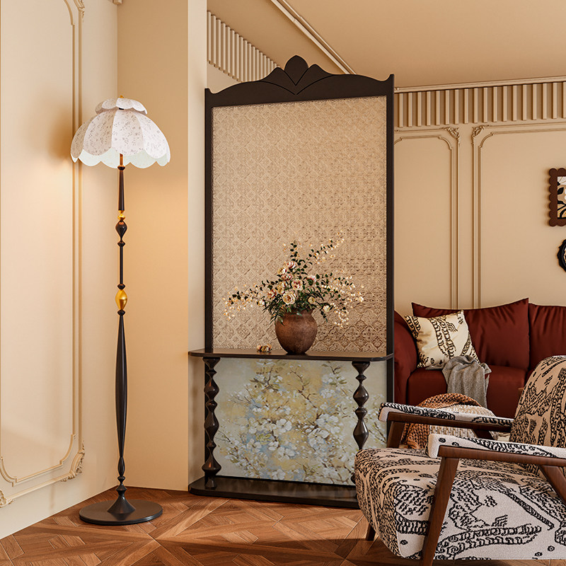 法式混搭风花卉海棠玻璃实木屏风隔断墙客厅背景玄关置物移动座屏