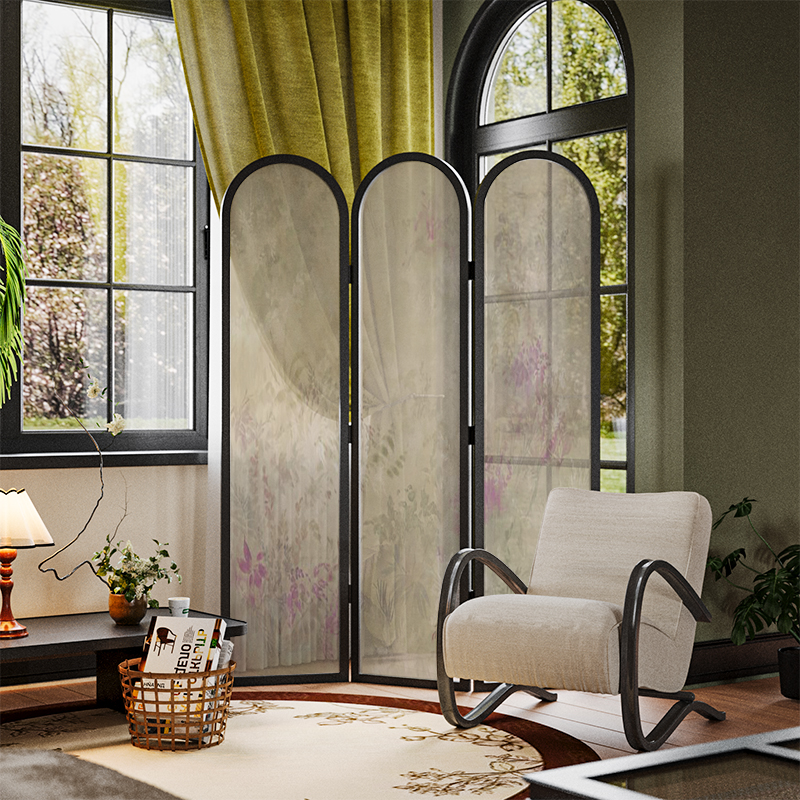 美式简约混搭风抽象实木屏风隔断墙装饰客厅玄关复古绿植移动折屏