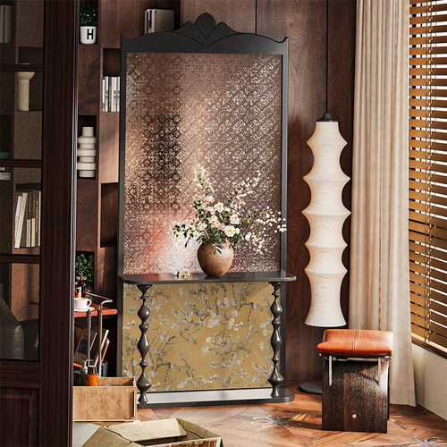 法式中古实木海棠玻璃屏风隔断家用客厅玄关遮挡装饰定制移动座屏