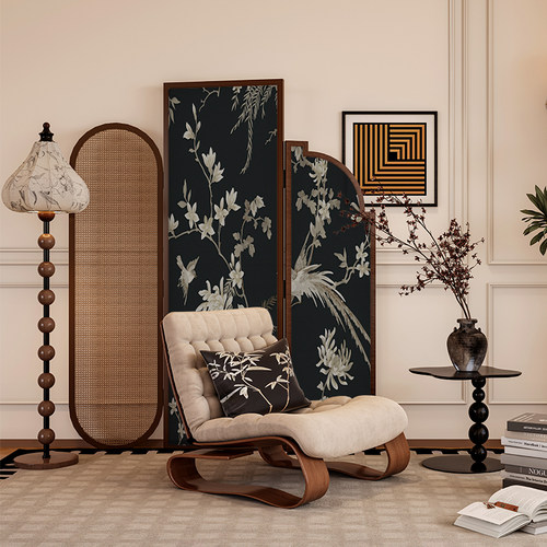 法式中古侘寂风实木藤编屏风隔断墙装饰客厅玄关复古花鸟移动折屏