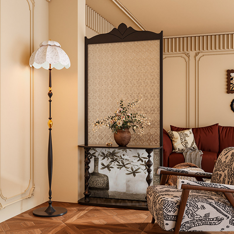 法式混搭风复古花瓶实木海棠玻璃屏风隔断墙客厅玄关置物移动座屏