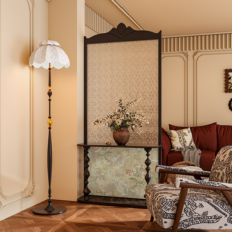 美式轻法混搭风花卉海棠玻璃实木屏风隔断墙客厅玄关置物移动座屏