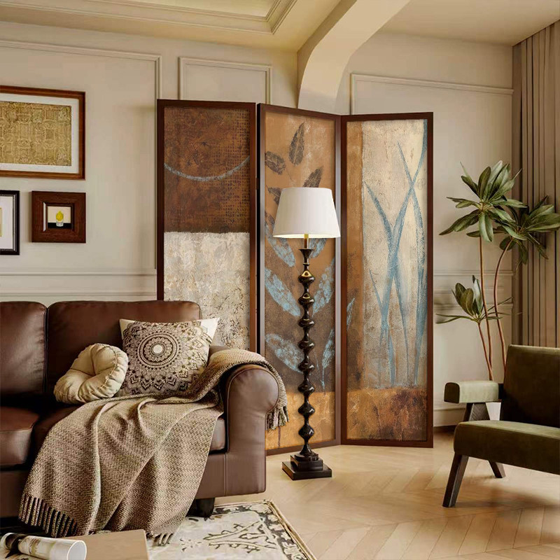 法式美式侘寂风抽象复古实木屏风隔断墙装饰客厅玄关移动民宿折屏