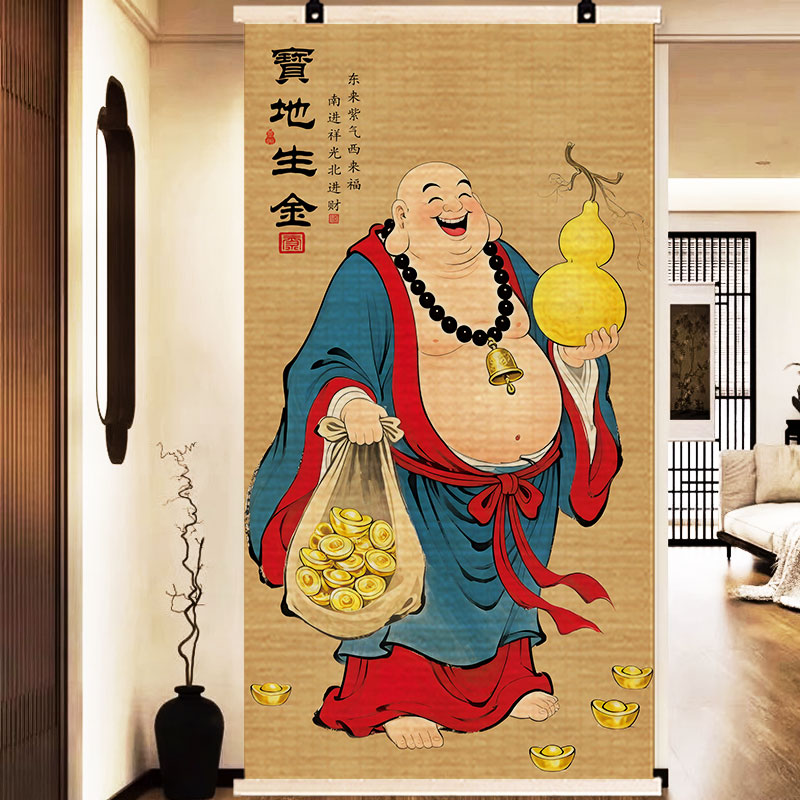 竹子挂画大肚佛像装饰画客厅玄关挂画中式传统竹编画茶室办公室