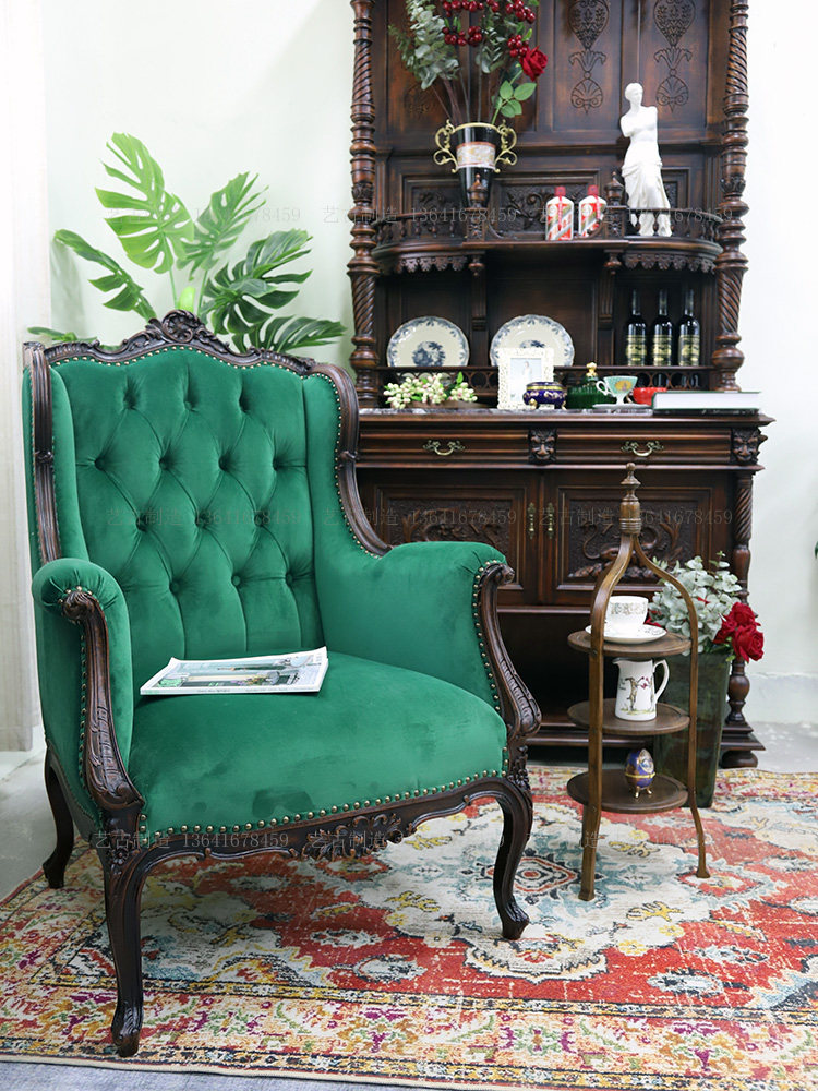 欧洲西洋巴洛克实木榫卯绒布单人沙发椅 复古高定中古工厂
