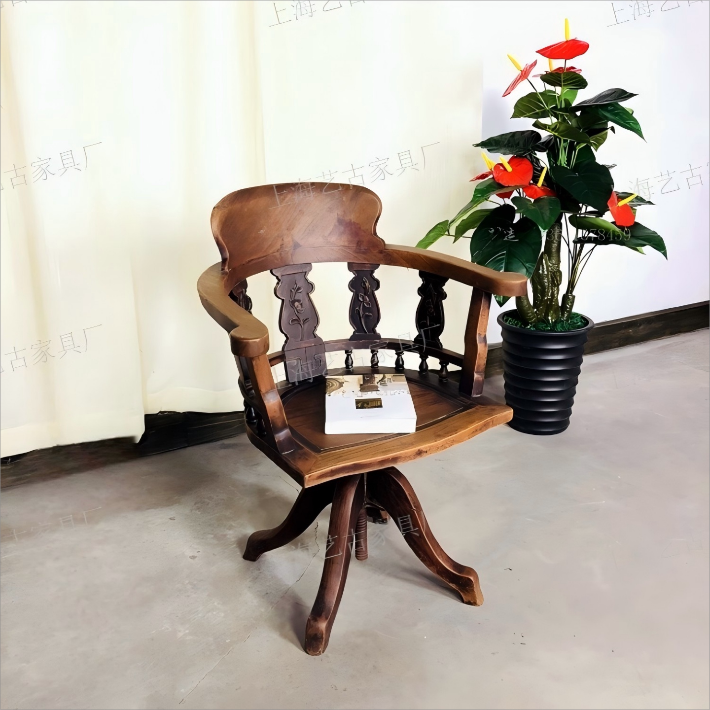 S老上海西洋海派古董民国怀旧旋转椅 老物件人体工学靠背休闲办公