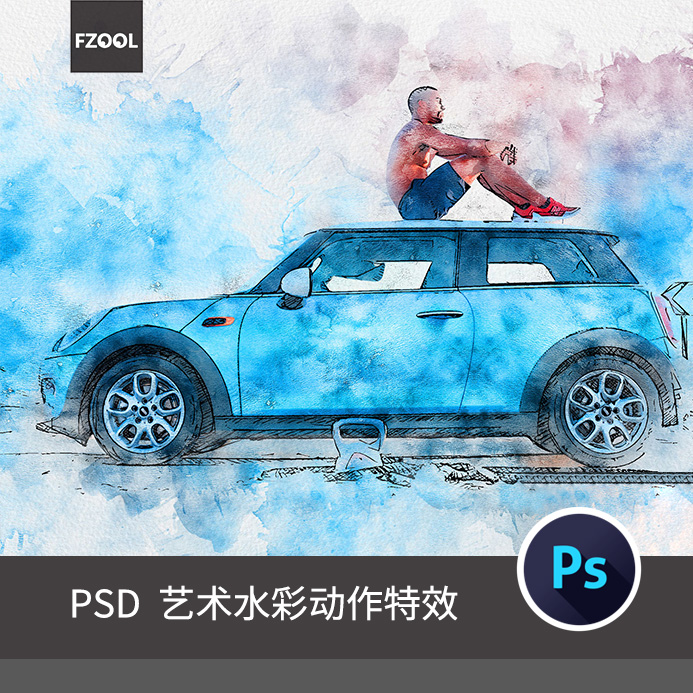 艺术水彩特效3平面设计素材绘画手绘水墨插画高级模板海报PS动作