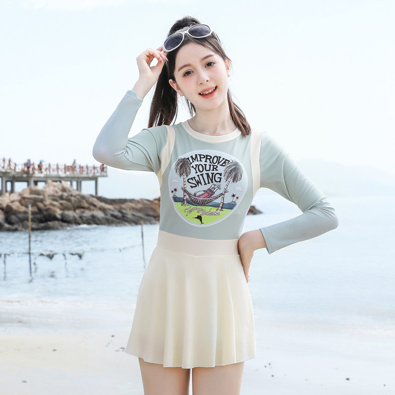 儿童泳衣女童泡温泉连体裙式长袖防晒保暖海边夏季中大童女孩泳装