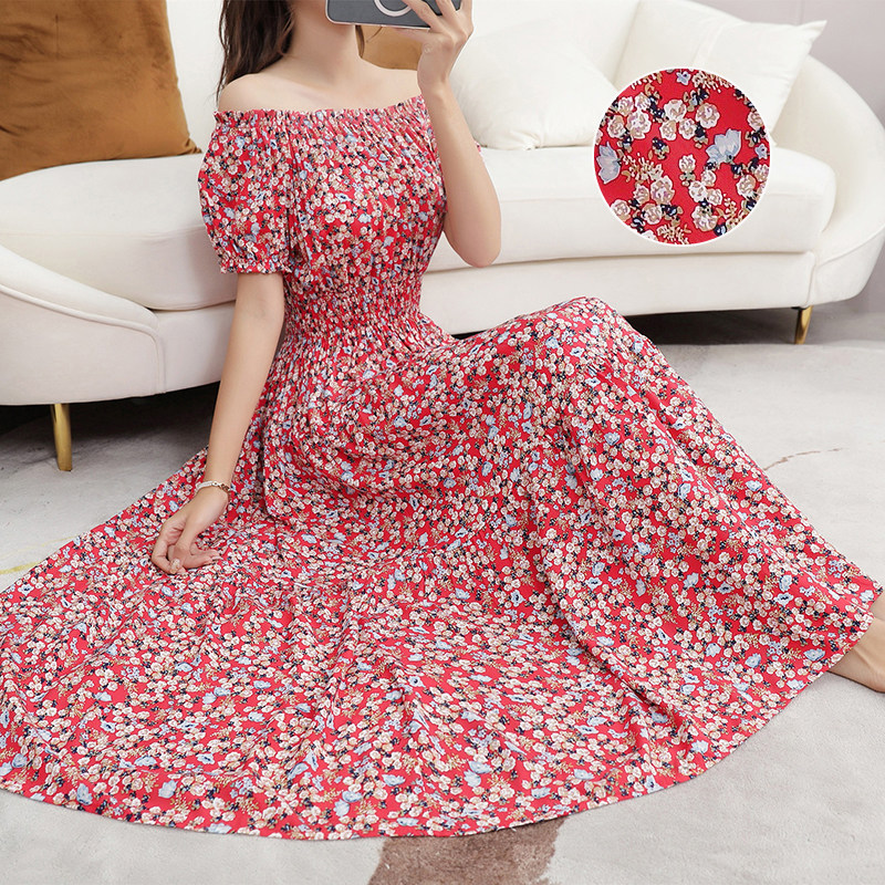 优质大摆棉绸裙一字领木耳边碎花民族风沙滩裙人造棉波西米亚长裙