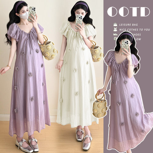 实拍有货~2026夏季新款简约气质中长款V领立体花朵连衣裙