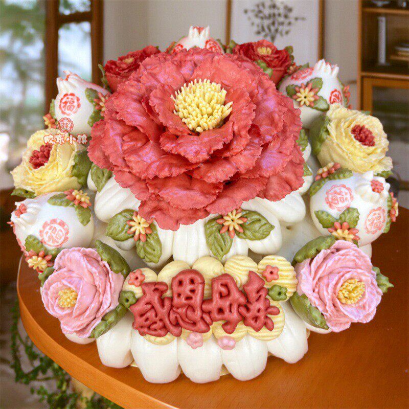 胶东花饽饽馍馍山东大馒头妈妈婆婆生日蛋糕寿桃母亲节玫瑰花糕 - 实物图