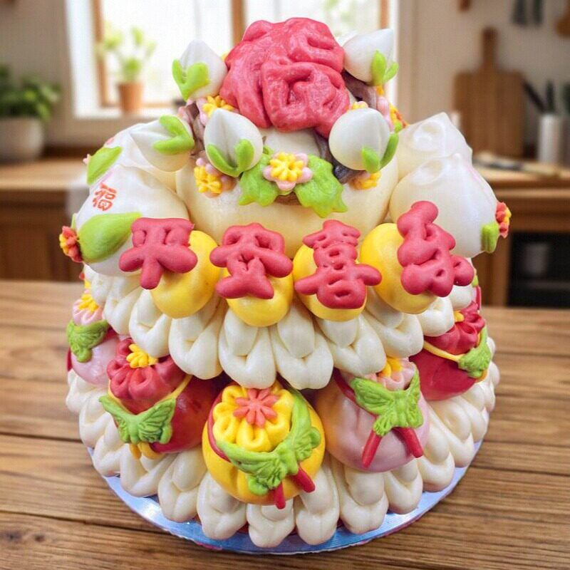 山东大馒头胶东花饽饽喜馍馍老人生日寿宴祝寿寿桃母亲节玫瑰花蓝 - 实物图
