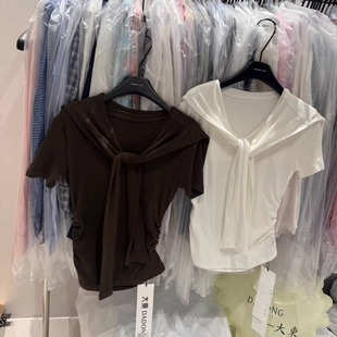 韩系假两件披肩短袖 显瘦别致绝美上衣 t恤女夏新款 设计感小众修身