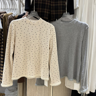 秋冬新款 T恤女蕾丝花边下摆显瘦磨毛打底上衣内搭 韩系波点长袖