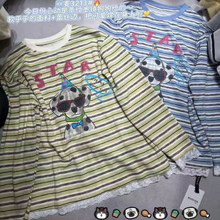 秋冬韩系新款 T恤女蕾丝边宽松甜美减龄上衣 卡通小狗印花条纹长袖