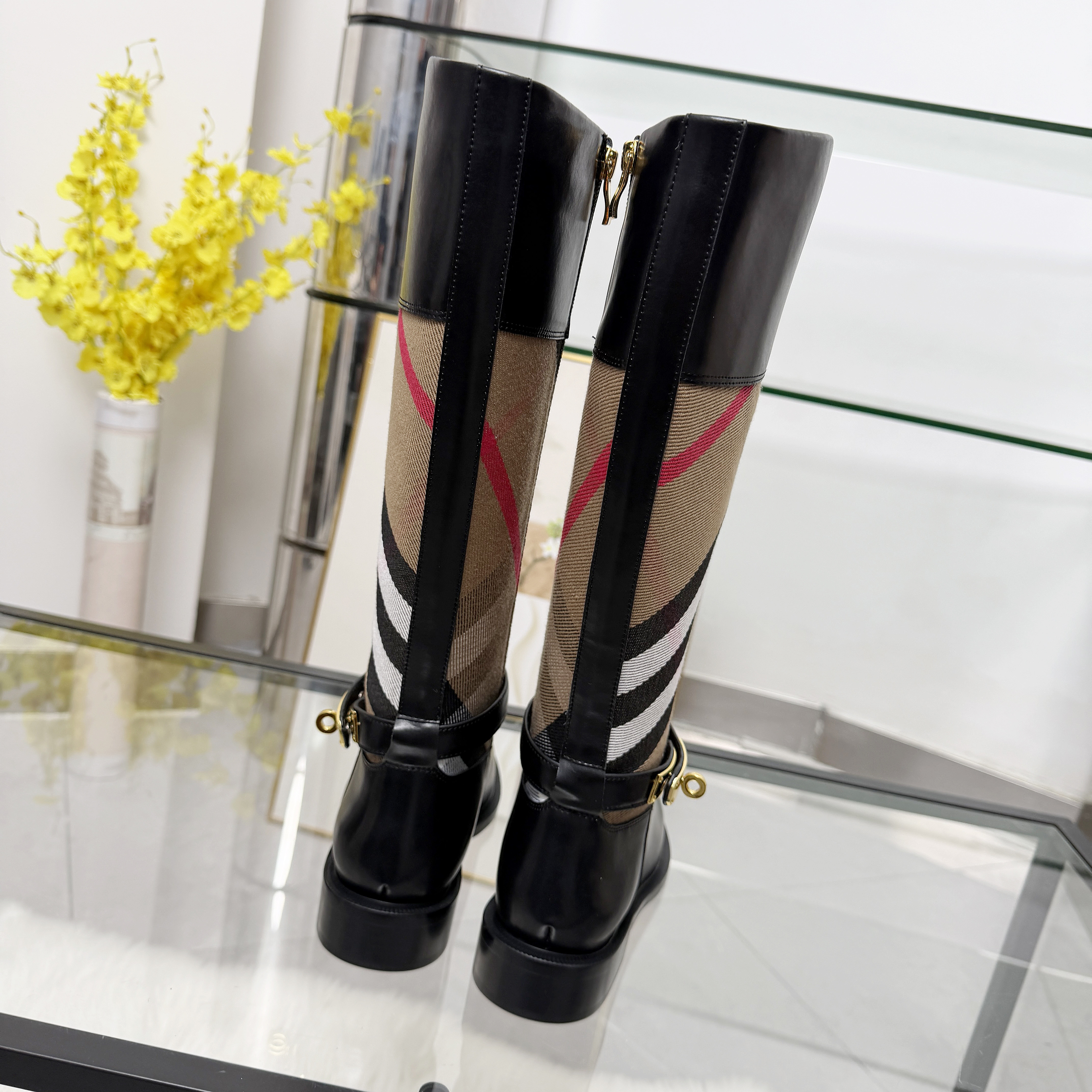 新款真皮拼色格子时尚休闲百搭潮靴子欧美英伦风高靴长靴侧拉链,女鞋,休闲板鞋,淘宝优惠券,粉丝福利购,淘宝优惠卷