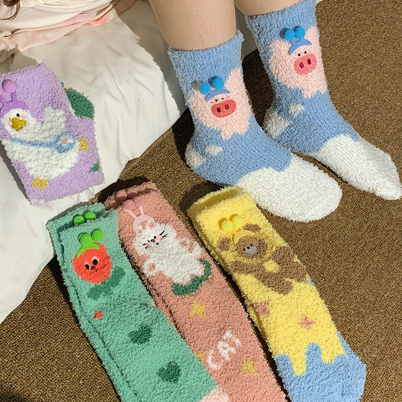 高颜值地板珊瑚袜加厚保暖卡通小动物女冬居家保暖袜中筒睡眠袜子