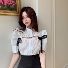 Real price niche design bubble sleeve bow short sleeve shirt