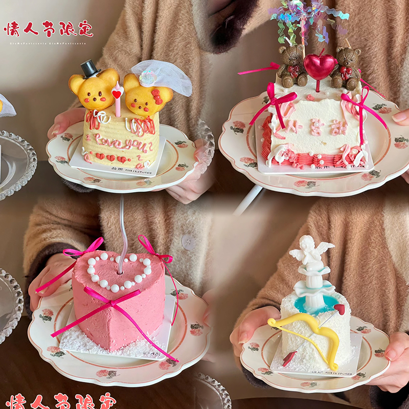 韩国情人节网红小蛋糕装饰摆件蝴蝶结小熊头爱心蜡烛丝带许愿池