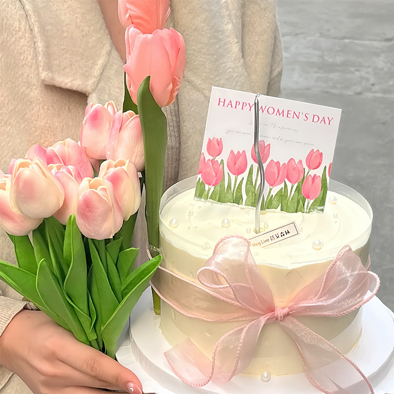 网红38妇女节烘焙蛋糕装饰摆件仿真郁金香花束插件女神节插牌卡片