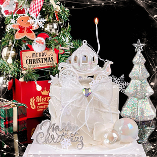 圣诞节网红烘焙蛋糕装饰摆件唯美南瓜马车带钻蝴蝶结公主雪花插件