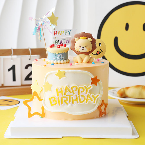 网红狮子座生日蛋糕狮子娃娃软胶蛋糕摆件星座甜品台烘焙装饰插卡